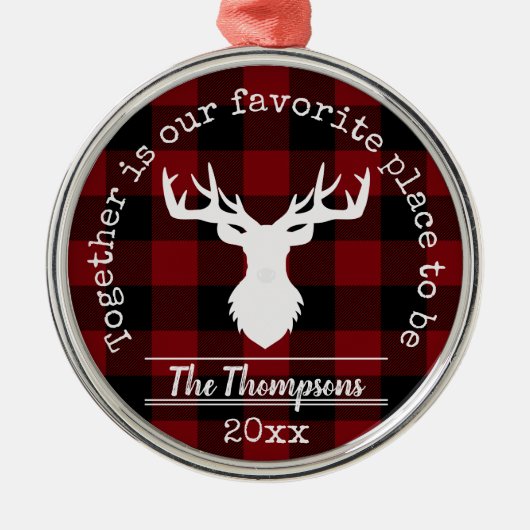 赤パーソナライズされたと黒のバッファローのプレイド メタルオーナメント (正面)