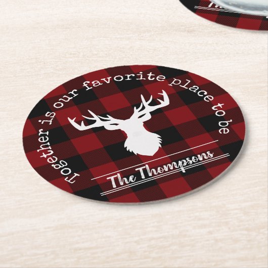 赤パーソナライズされたと黒のバッファローのプレイド ラウンドペーパーコースター (アングル)