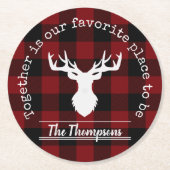 赤パーソナライズされたと黒のバッファローのプレイド ラウンドペーパーコースター (正面)