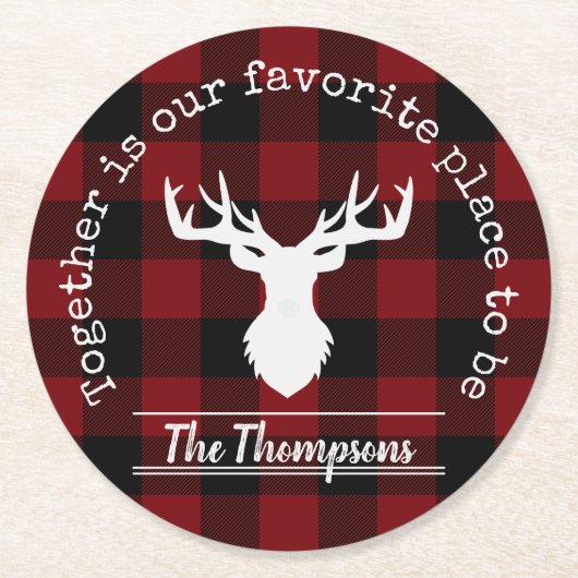 赤パーソナライズされたと黒のバッファローのプレイド ラウンドペーパーコースター (正面)