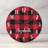 赤パーソナライズされたと黒のバッファローのプレイド ラウンド壁時計