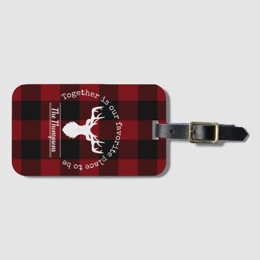 赤パーソナライズされたと黒のバッファローのプレイド ラゲッジタグ (正面横)