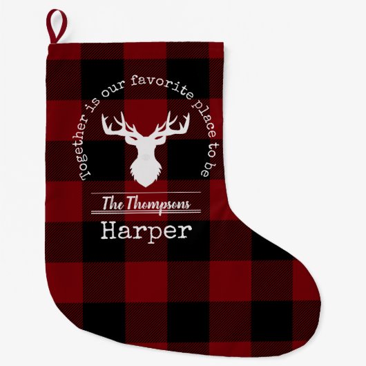 赤パーソナライズされたと黒のバッファローのプレイド ラージクリスマスストッキング (正面)