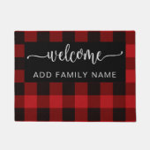 赤パーソナライズされたと黒の格子模様ウェルカムフォーマット ドアマット (正面)