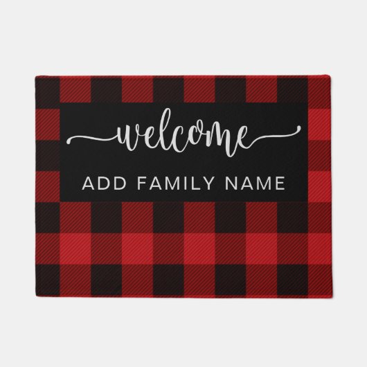 赤パーソナライズされたと黒の格子模様ウェルカムフォーマット ドアマット (正面)