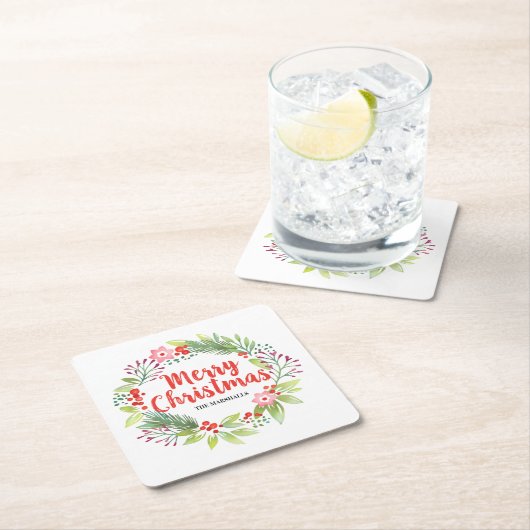 赤パーソナライズされたのクリスマス スクエアペーパーコースター (インサイチュ)