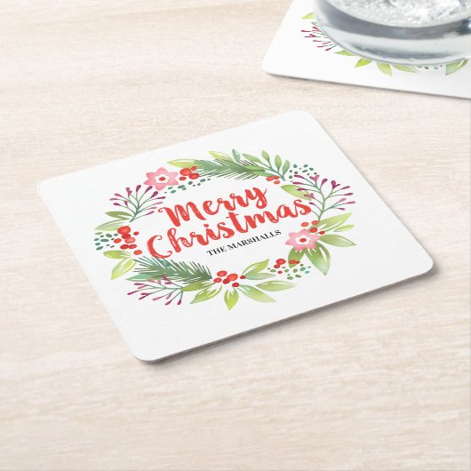 赤パーソナライズされたのクリスマス スクエアペーパーコースター (アングル)