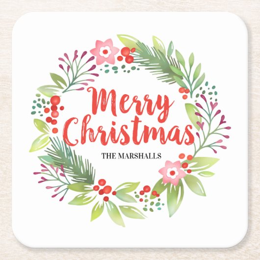 赤パーソナライズされたのクリスマス スクエアペーパーコースター (正面)