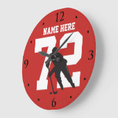 赤パーソナライズされたのホッケープレイヤー名番号 ラージ壁時計 (傾斜)