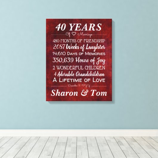 赤パーソナライズされたの結婚記念日の節目 キャンバスプリント (インサイチュ (ウッドフロア))