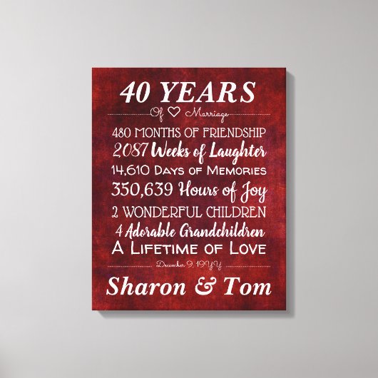 赤パーソナライズされたの結婚記念日の節目 キャンバスプリント (正面)