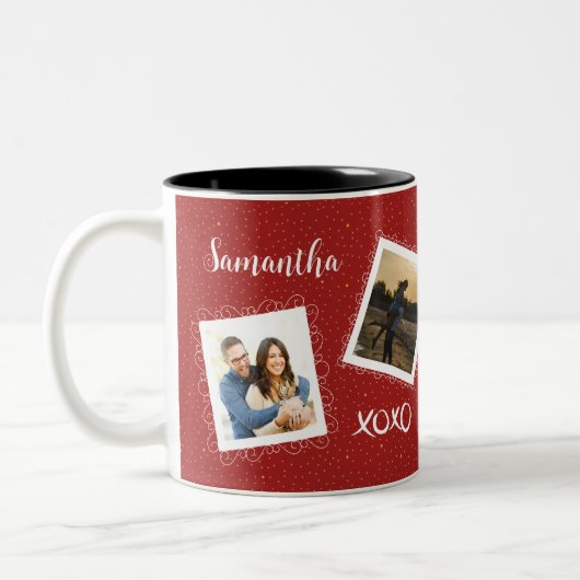 赤パーソナライズされたの2枚の写真と名前 ツートーンマグカップ (左)