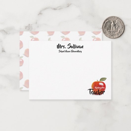赤パーソナライズされたりんご幼稚園先生 ノートカード (正面/裏面インサイチュ)