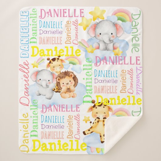 赤パーソナライズされたん坊の動物と長い女の子の名前 シェルパブランケット (正面)