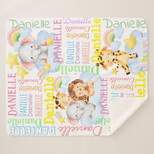 赤パーソナライズされたん坊の動物と長い女の子の名前 シェルパブランケット (正面(横))