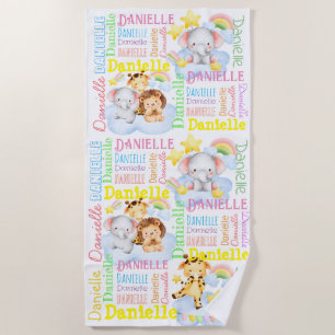 赤パーソナライズされたん坊の動物と長い女の子の名前 ビーチタオル