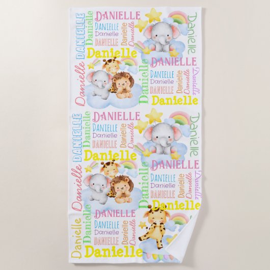 赤パーソナライズされたん坊の動物と長い女の子の名前 ビーチタオル (正面)