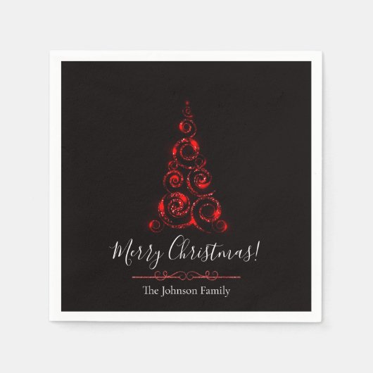 赤パーソナライズされたエレガントグリッタークリスマスツリー スタンダードカクテルナプキン (正面)