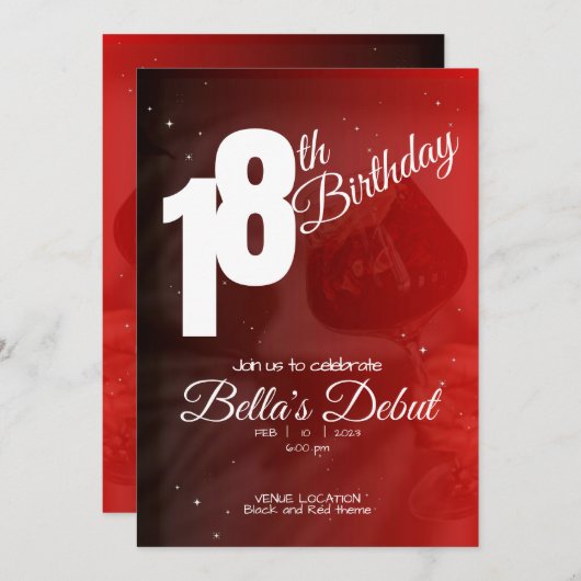赤パーソナライズされたエレガント18番目の誕生日招待状 招待状 (正面/裏面)