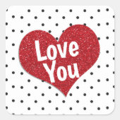 赤パーソナライズされたグリッターハートと水玉模様 スクエアシール (正面)