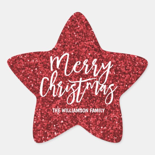 赤パーソナライズされたグリッター&ホワイトメリークリスマス 星シール (正面)