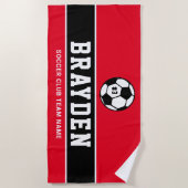 赤パーソナライズされたサッカー選手の名前 ビーチタオル (正面)