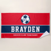 赤パーソナライズされたネイビーブルーサッカー選手の名前 ビーチタオル (正面)