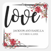 赤パーソナライズされたバラとラブ結婚式用シール スクエアシール (正面)