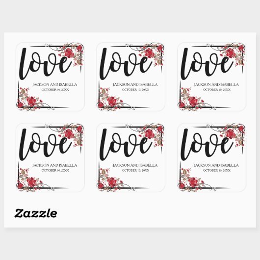 赤パーソナライズされたバラとラブ結婚式用シール スクエアシール (シート)