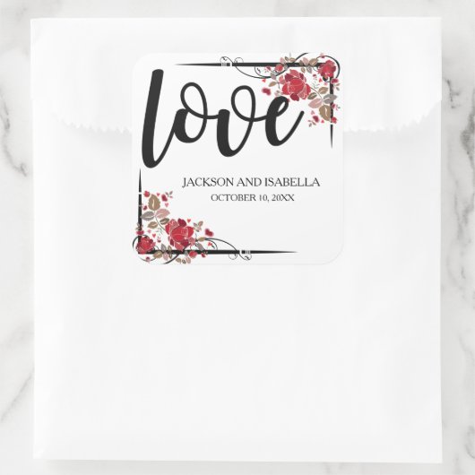 赤パーソナライズされたバラとラブ結婚式用シール スクエアシール (バッグ)
