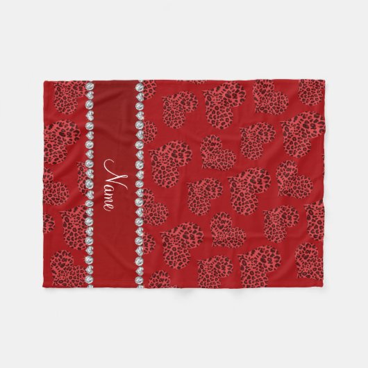赤パーソナライズされたヒョウハートの名前 フリースブランケット (正面(横))