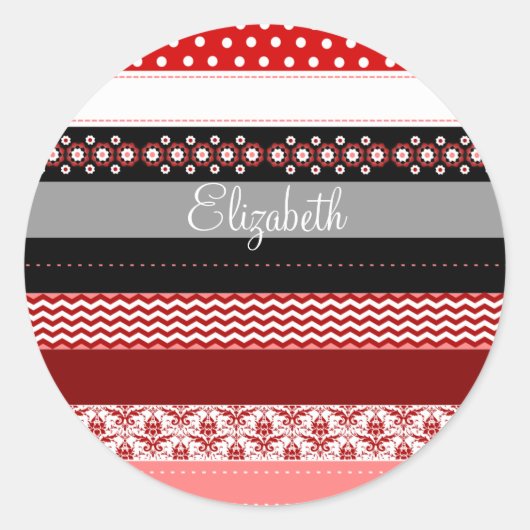 赤パーソナライズされたピンク白黒和紙テープルック ラウンドシール (正面)
