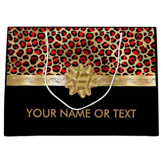 赤パーソナライズされたブラックレオパードゴールデンボウ ラージペーパーバッグ (正面)