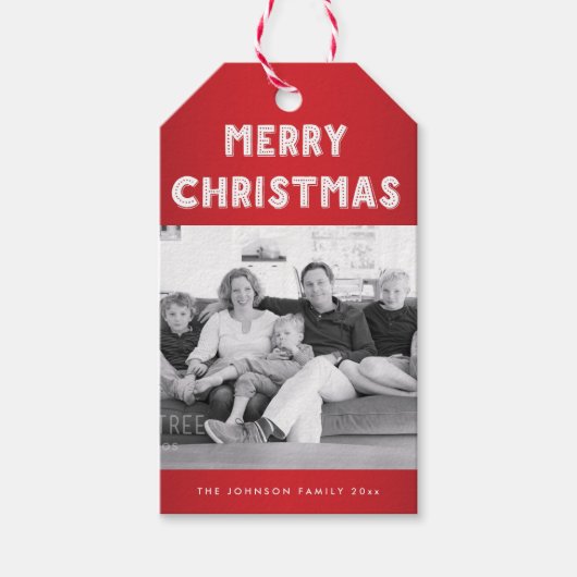 赤パーソナライズされたメリークリスマス写真ギフトラベル ギフトタグ (正面)