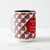 赤パーソナライズされたレースハートパターンマグ ツートーンマグカップ (正面左)