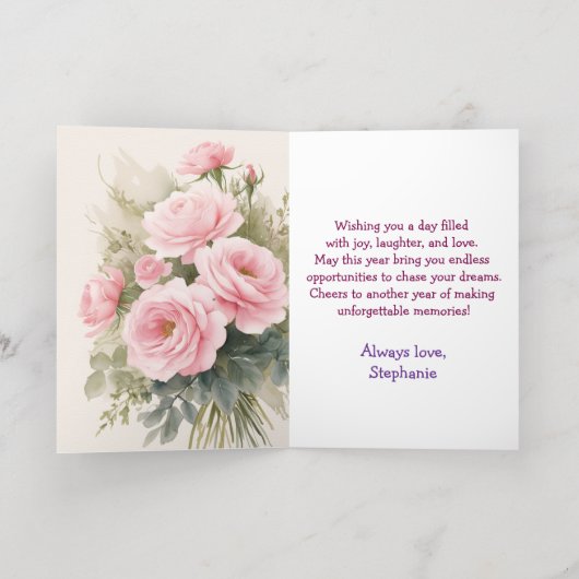 赤パーソナライズされたローズエレガント誕生日 箔グリーティングカード (内側レイダウン)