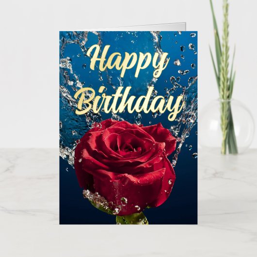 赤パーソナライズされたローズエレガント誕生日 箔グリーティングカード (正面)