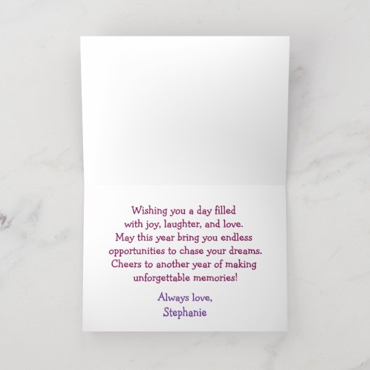 赤パーソナライズされたローズエレガント誕生日 箔グリーティングカード (内側レイダウン)