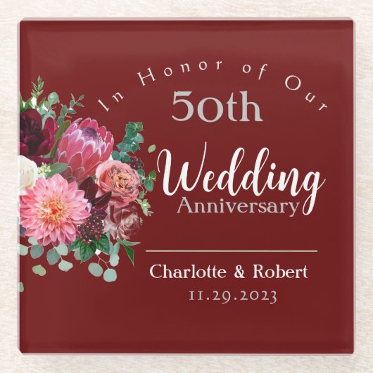 赤パーソナライズされた五十双結婚周年記念 ガラスコースター (正面)