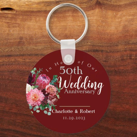 赤パーソナライズされた五十双結婚周年記念 キーホルダー (正面)