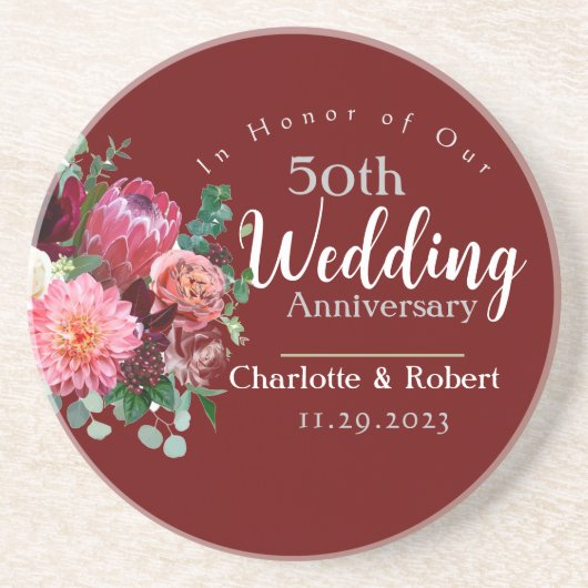 赤パーソナライズされた五十双結婚周年記念 コースター (正面)