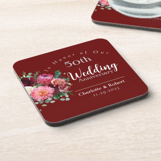 赤パーソナライズされた五十双結婚周年記念 コースター (左側)