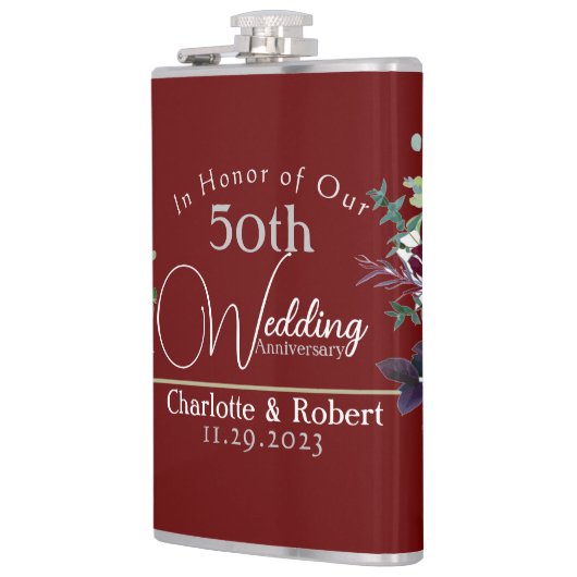 赤パーソナライズされた五十双結婚周年記念 フラスク (左)