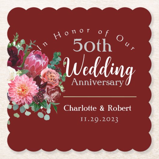 赤パーソナライズされた五十双結婚周年記念 ペーパーコースター (正面)