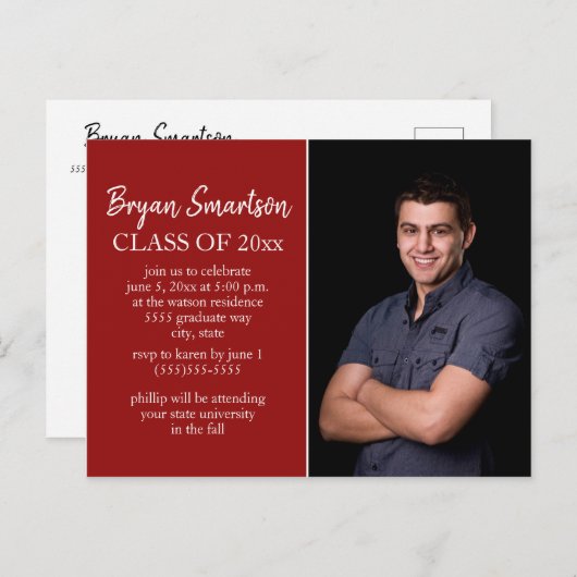 赤パーソナライズされた写真卒業パーティー ポストカード (正面/裏面)