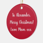 赤パーソナライズされた名メリークリスマス セラミックオーナメント (左)