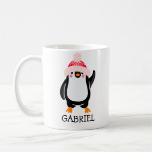 赤パーソナライズされた帽子の可愛いクリスマスペンギン コーヒーマグカップ