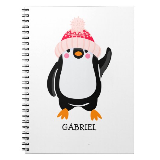 赤パーソナライズされた帽子の可愛いクリスマスペンギン ノートブック (正面)