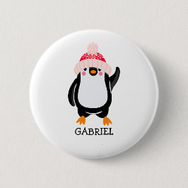 赤パーソナライズされた帽子の可愛いクリスマスペンギン 缶バッジ