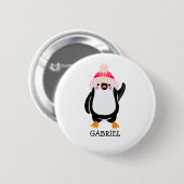 赤パーソナライズされた帽子の可愛いクリスマスペンギン 缶バッジ (正面&裏面)